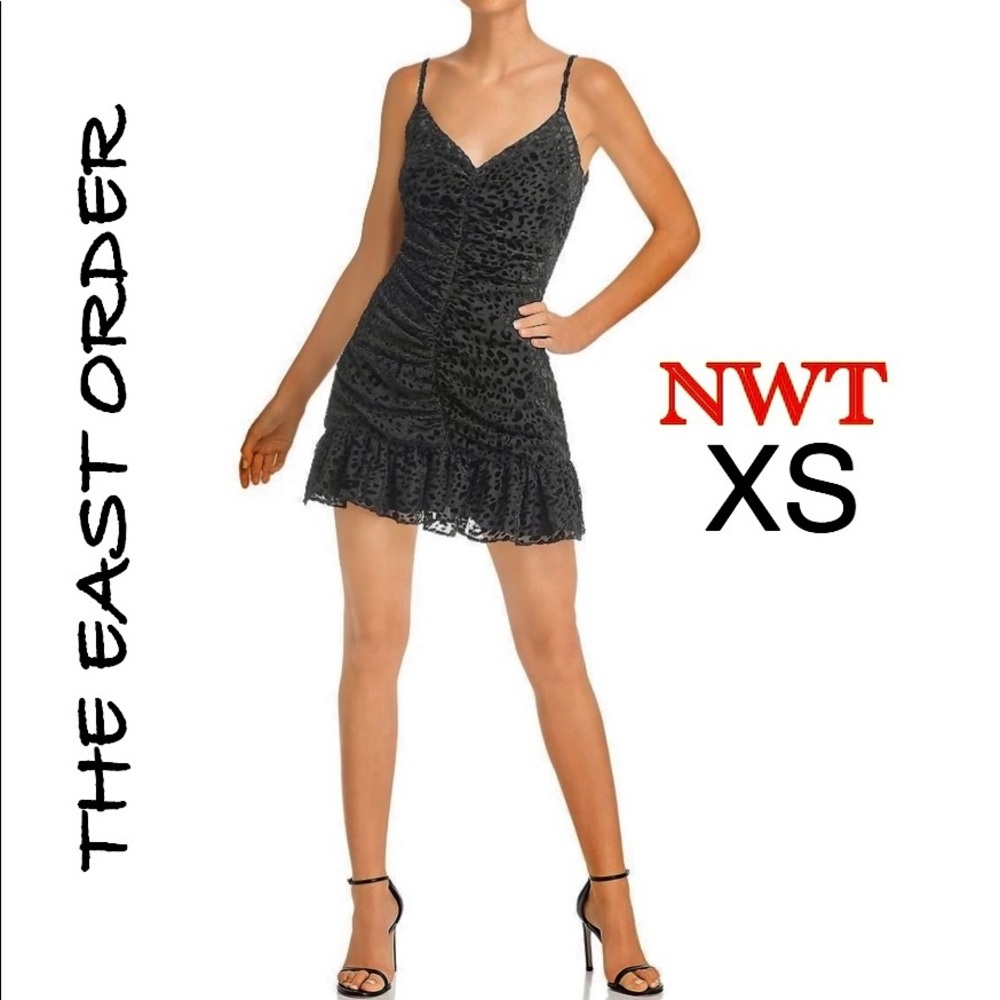 NWT black scrunch velvet appliqué flounce hem ruffle Celine mermaid mini bodycon